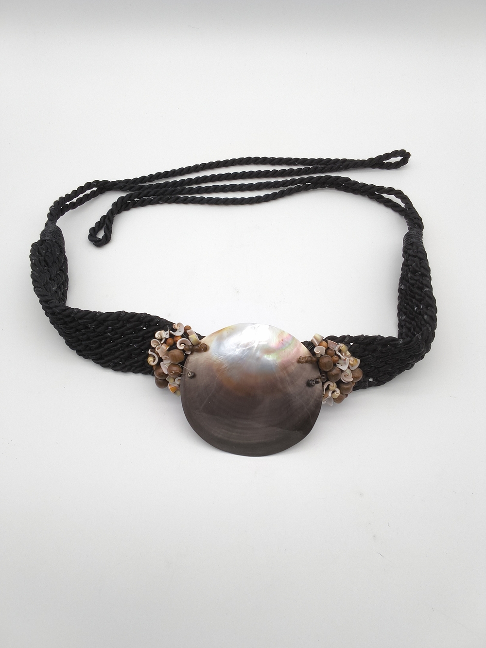 Vintage 1980s Black Macrame Sea Shell Belt and Mother of Pearl Tie Waist - Boho